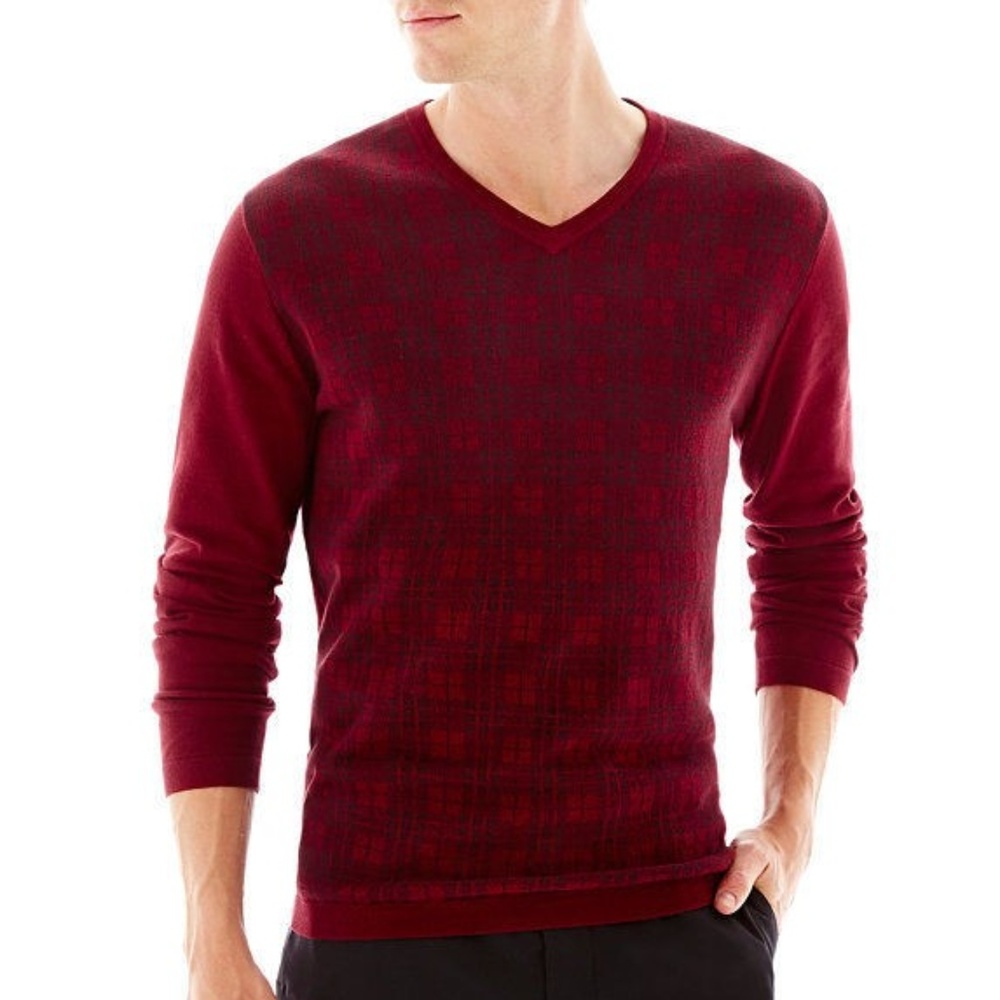 JF J. Ferrar V-Neck Merlot Check Plaid Sweater XXL